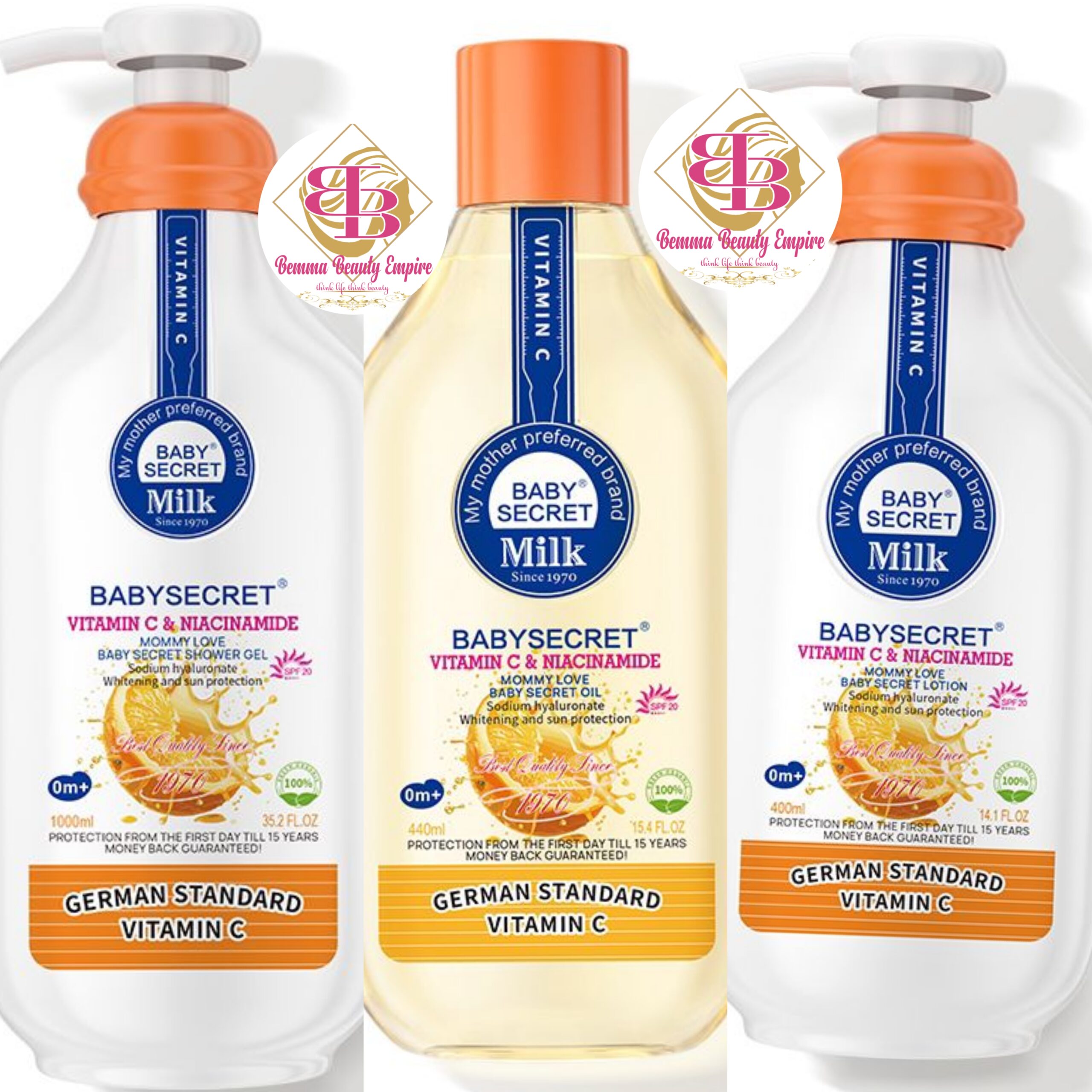 Baby secret vitamin C & Niacinamide lotion +oil+ Shower Gel.Whitening & Sun Protection 3n1pcs