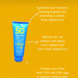 Cosmo SPF 50+ Hydrating Gel Lotion Sunscreen. Suitable for Dry skin. UVA & UVB Broad Spectrum 100ml.