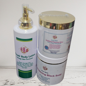 Repair Body Lotion +10x snow whitening Black Soap +Goddess Body Scrub 3n1pc. Best combo for dark feet and Hands.